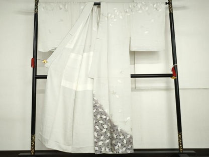 平和屋着物●男性　訪問着　背抜き仕立て　刺繍　銀杏　暈し染め　金糸　キングサイズ　正絹　逸品　AABI2594cs