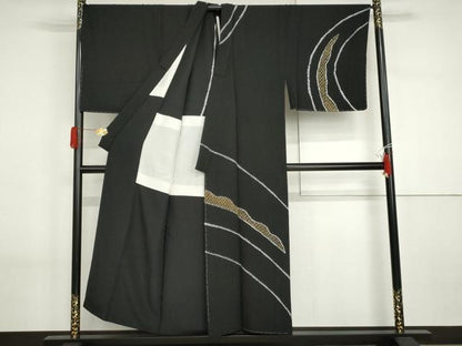 平和屋着物●男性　訪問着　背抜き仕立て　作家物　絞り　舞花文　黒地　キングサイズ正絹　逸品　未使用　AABI2601cs