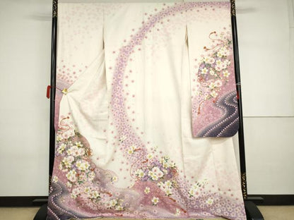 平和屋着物●豪華振袖　扇面花文　暈し染め　金彩　金銀糸　銀通し地　ロング丈　正絹　逸品　AABI2602cs