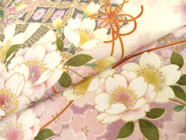 平和屋着物●豪華振袖　扇面花文　暈し染め　金彩　金銀糸　銀通し地　ロング丈　正絹　逸品　AABI2602cs