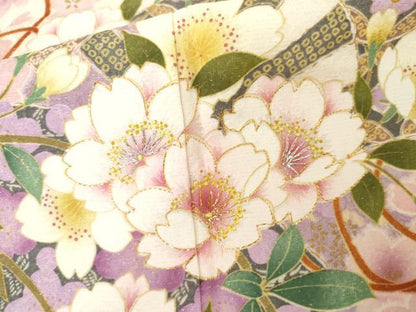 平和屋着物●豪華振袖　扇面花文　暈し染め　金彩　金銀糸　銀通し地　ロング丈　正絹　逸品　AABI2602cs