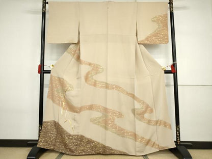 平和屋着物●訪問着　駒刺繍　木賊色　暈し染め　金彩　鬼しぼ縮緬　正絹　逸品　AABI2603cs