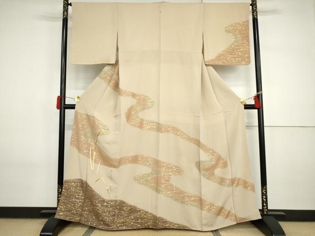 平和屋着物●訪問着　駒刺繍　木賊色　暈し染め　金彩　鬼しぼ縮緬　正絹　逸品　AABI2603cs