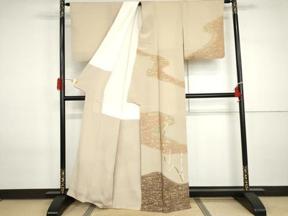 平和屋着物●訪問着　駒刺繍　木賊色　暈し染め　金彩　鬼しぼ縮緬　正絹　逸品　AABI2603cs