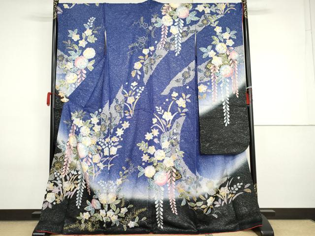平和屋着物●豪華振袖　辻が花　絞り　暈し染め　銀通し地　正絹　逸品　AABI2605cs