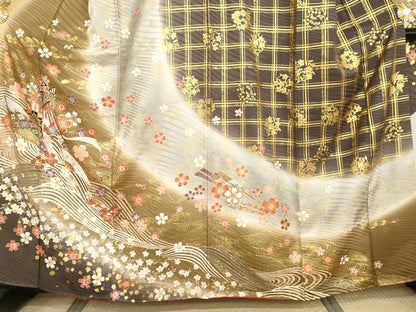 平和屋着物●豪華振袖　駒刺繍　御所車立波花文　暈し染め　金彩　正絹　逸品　AABI2628cs