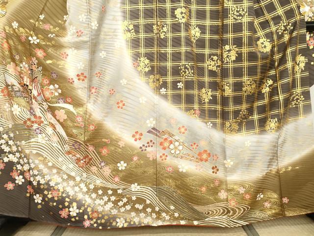 平和屋着物●豪華振袖　駒刺繍　御所車立波花文　暈し染め　金彩　正絹　逸品　AABI2628cs