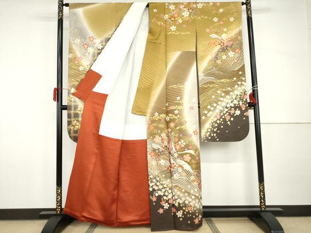 平和屋着物●豪華振袖　駒刺繍　御所車立波花文　暈し染め　金彩　正絹　逸品　AABI2628cs