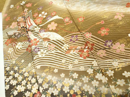 平和屋着物●豪華振袖　駒刺繍　御所車立波花文　暈し染め　金彩　正絹　逸品　AABI2628cs