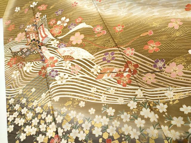 平和屋着物●豪華振袖　駒刺繍　御所車立波花文　暈し染め　金彩　正絹　逸品　AABI2628cs