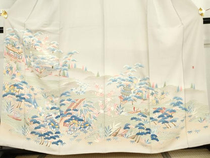 平和屋着物●本加賀友禅作家　稲荷茂雄　色留袖　渡り橋松竹梅文　暈し染め　正絹　逸品　AABI2629cs