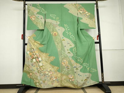 平和屋着物●訪問着　駒刺繍　絞り　雪輪花松文　金銀彩　正絹　逸品　AABI2631cs