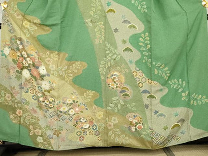 平和屋着物●訪問着　駒刺繍　絞り　雪輪花松文　金銀彩　正絹　逸品　AABI2631cs