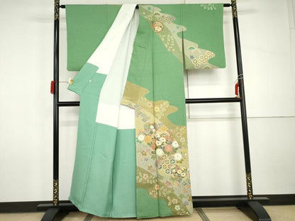 平和屋着物●訪問着　駒刺繍　絞り　雪輪花松文　金銀彩　正絹　逸品　AABI2631cs