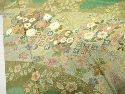 平和屋着物●訪問着　駒刺繍　絞り　雪輪花松文　金銀彩　正絹　逸品　AABI2631cs