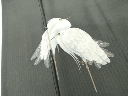 平和屋着物●訪問着　手描き　シロサギ　白鷺　金彩　正絹　逸品　AABI2632cs