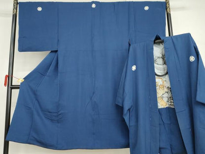 平和屋着物●男性　色紋付・羽織セット　色無地　瑠璃紺色　正絹　逸品　AABI2634cs