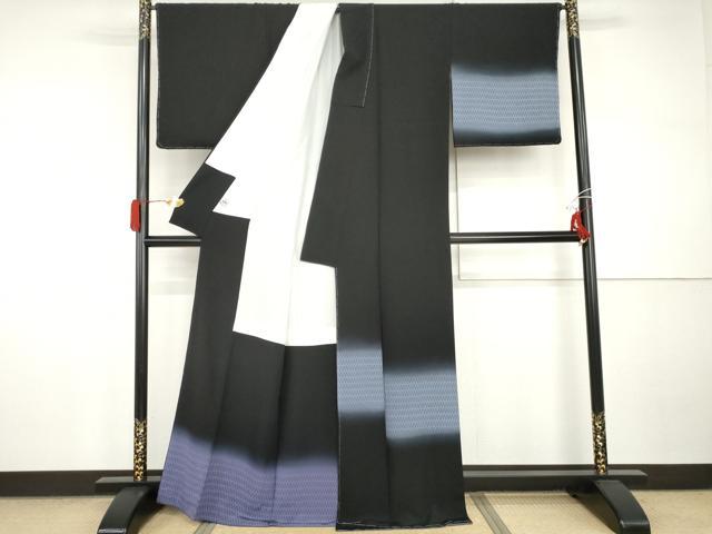 平和屋着物●訪問着　矢羽根文　暈し染め　黒地　京都きもの友禅扱い　正絹　逸品　未使用　AABI2636cs