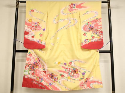 平和屋着物[]七五三　女の子　７歳　祝着　四つ身　桜鼓文　暈し染め　金彩　未使用 　AABI2641ja