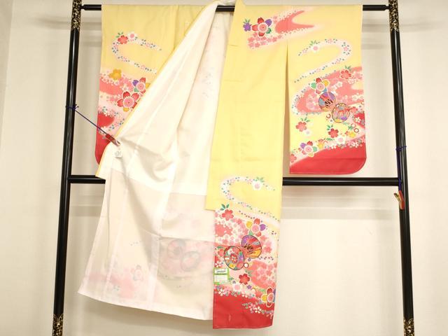 平和屋着物[]七五三　女の子　７歳　祝着　四つ身　桜鼓文　暈し染め　金彩　未使用 　AABI2641ja