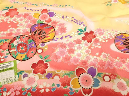 平和屋着物[]七五三　女の子　７歳　祝着　四つ身　桜鼓文　暈し染め　金彩　未使用 　AABI2641ja