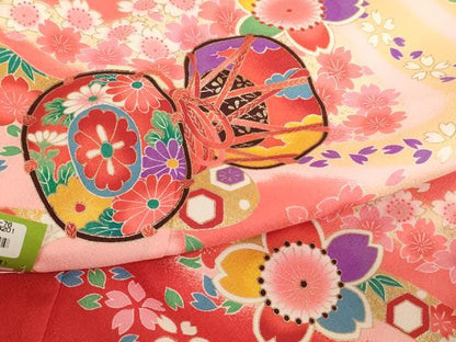 平和屋着物[]七五三　女の子　７歳　祝着　四つ身　桜鼓文　暈し染め　金彩　未使用 　AABI2641ja