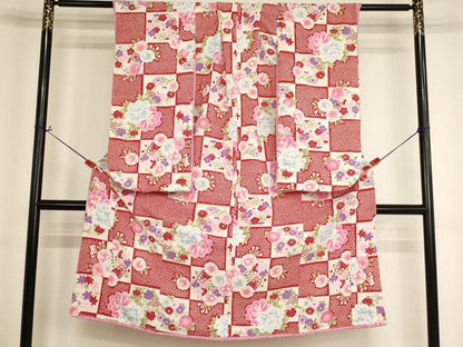 平和屋着物[]七五三　女の子　７歳　祝着　四つ身　JAPAN STYLE　市松花文　鬼しぼ縮緬　洗える着物　AABI2644ja