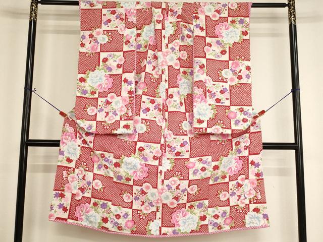 平和屋着物[]七五三　女の子　７歳　祝着　四つ身　JAPAN STYLE　市松花文　鬼しぼ縮緬　洗える着物　AABI2644ja