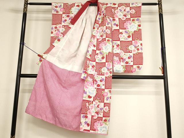 平和屋着物[]七五三　女の子　７歳　祝着　四つ身　JAPAN STYLE　市松花文　鬼しぼ縮緬　洗える着物　AABI2644ja