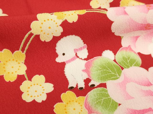平和屋着物[]七五三 女の子 ７歳 祝着 四つ身 pom ponette 舞花文 犬 洗える着物 未使用 AABI2645ja