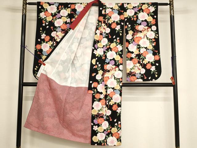 平和屋着物[]七五三　女の子　７歳　祝着　舞桜文　鈴　黒地　AABI2646ja