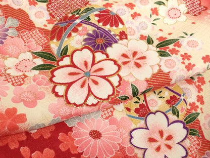 平和屋着物[]七五三　女の子　７歳　祝着　四つ身　刺繍　桜手毬文　暈し染め　金糸　金彩　AABI2650ja