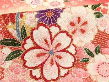 平和屋着物[]七五三　女の子　７歳　祝着　四つ身　刺繍　桜手毬文　暈し染め　金糸　金彩　AABI2650ja