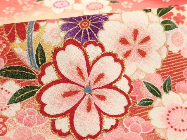 平和屋着物[]七五三　女の子　７歳　祝着　四つ身　刺繍　桜手毬文　暈し染め　金糸　金彩　AABI2650ja