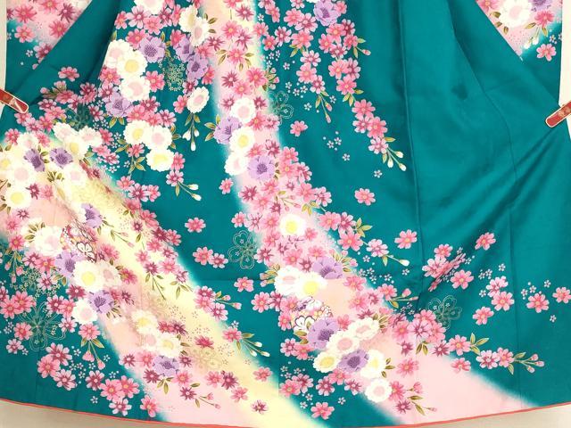 平和屋着物[]七五三　女の子　７歳　祝着　四つ身　舞桜文　鈴　暈し染め　金彩　AABI2652ja