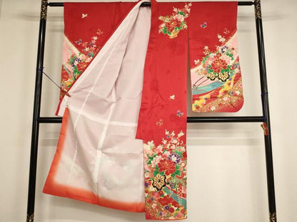 平和屋着物[]七五三　女の子　７歳　祝着　四つ身　花車文　暈し染め　金彩　逸品　AABI2656ja