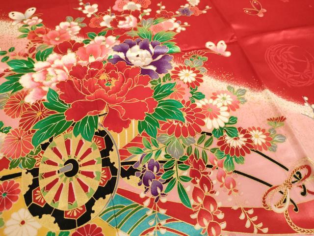 平和屋着物[]七五三　女の子　７歳　祝着　四つ身　花車文　暈し染め　金彩　逸品　AABI2656ja