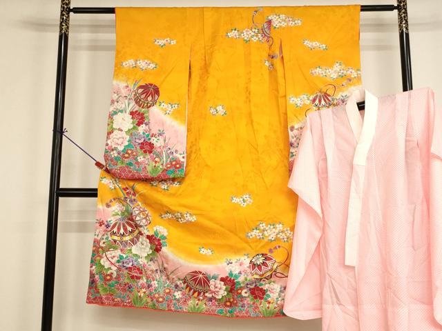 平和屋着物[]七五三　女の子　７歳　祝着　四つ身　長襦袢（単衣）セット　花手毬文　暈し染め　金彩　逸品　AABI2657ja