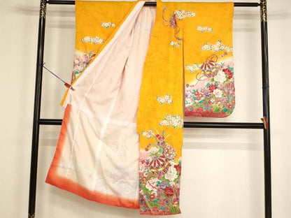 平和屋着物[]七五三　女の子　７歳　祝着　四つ身　長襦袢（単衣）セット　花手毬文　暈し染め　金彩　逸品　AABI2657ja