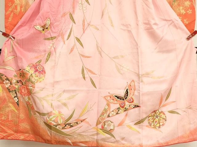 平和屋着物[]七五三　女の子　７歳　祝着　四つ身　手毬花蝶文　暈し染め　金彩　AABI2658ja