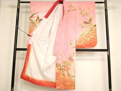 平和屋着物[]七五三 女の子 ７歳 祝着 四つ身 手毬花蝶文 暈し染め 金彩 AABI2658ja