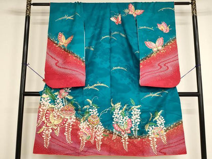 平和屋着物[]七五三　女の子　７歳　祝着　四つ身　手毬花蝶文　藤花房　金彩　逸品　AABI2659ja
