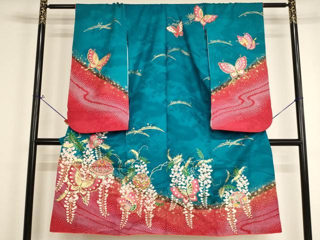 平和屋着物[]七五三 女の子 ７歳 祝着 四つ身 手毬花蝶文 藤花房 金彩 逸品 AABI2659ja