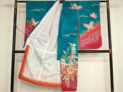 平和屋着物[]七五三 女の子 ７歳 祝着 四つ身 手毬花蝶文 藤花房 金彩 逸品 AABI2659ja