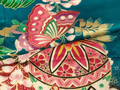 平和屋着物[]七五三 女の子 ７歳 祝着 四つ身 手毬花蝶文 藤花房 金彩 逸品 AABI2659ja