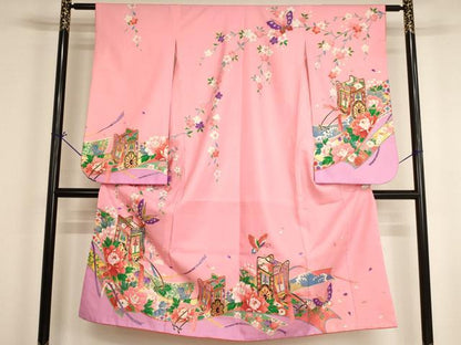 平和屋着物[]七五三　女の子　７歳　祝着　四つ身　御所車花蝶文　金彩　AABI2661ja