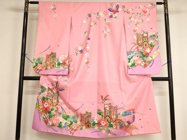 平和屋着物[]七五三　女の子　７歳　祝着　四つ身　御所車花蝶文　金彩　AABI2661ja