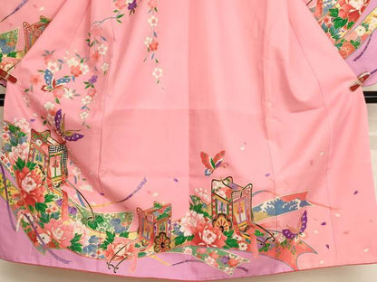 平和屋着物[]七五三　女の子　７歳　祝着　四つ身　御所車花蝶文　金彩　AABI2661ja