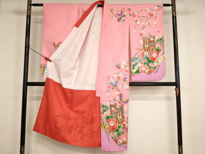 平和屋着物[]七五三　女の子　７歳　祝着　四つ身　御所車花蝶文　金彩　AABI2661ja