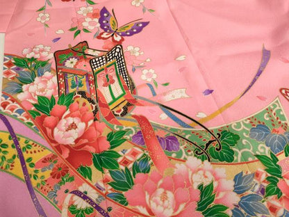 平和屋着物[]七五三　女の子　７歳　祝着　四つ身　御所車花蝶文　金彩　AABI2661ja